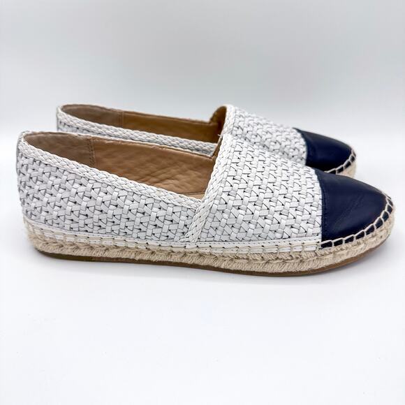 J‎ McLaughlin Redding 2 Espadrille Flats Size 9 White Navy Woven Leather Cap Toe - Picture 1 of 10